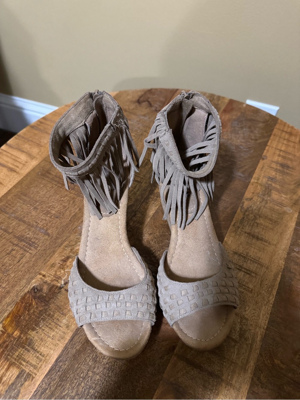 Minnetonka Taupe Fringe Suede Open-Toe Ankle Strap Sandals